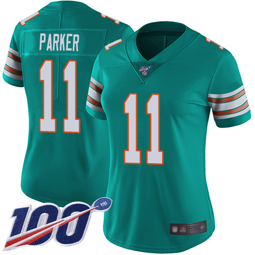 Nike Miami Dolphins #11 DeVante Parker Aqua Green Alternate Women Stitched NFL 100th Season Vapor Limited Jersey
